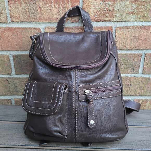 Leather Backpack Tignanello Brown Pebbled Purse Bag Keychain main image 9